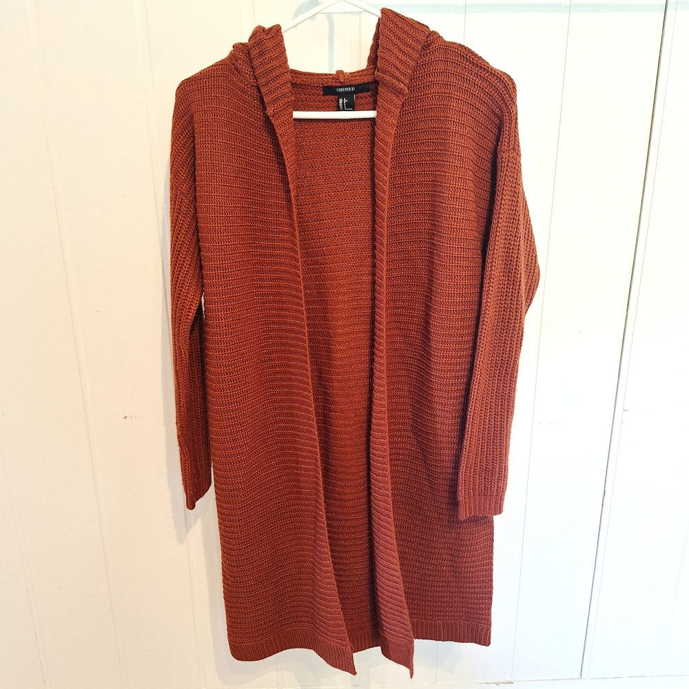 Forever 21 Terracotta Hooded Fall Cardigan Size Small Ribbed Very Good Condition